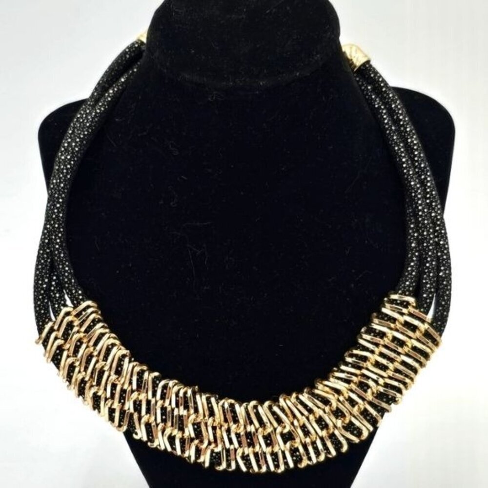 1946 Goldtone Chain Link w/ Triple Rhinestone Encrusted Rope Statement Necklace